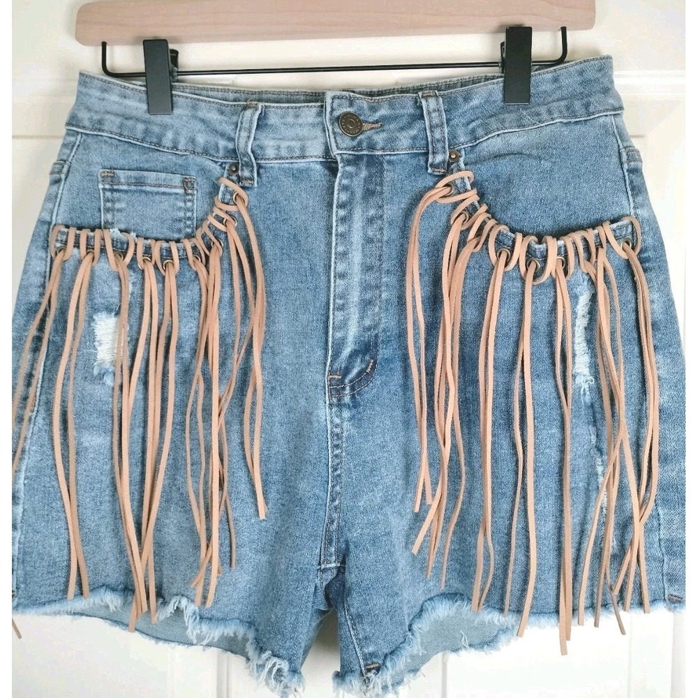 NWT WESTFADE Shein Faux Suede Fringe Denim Shorts Size 30 Country Festival
